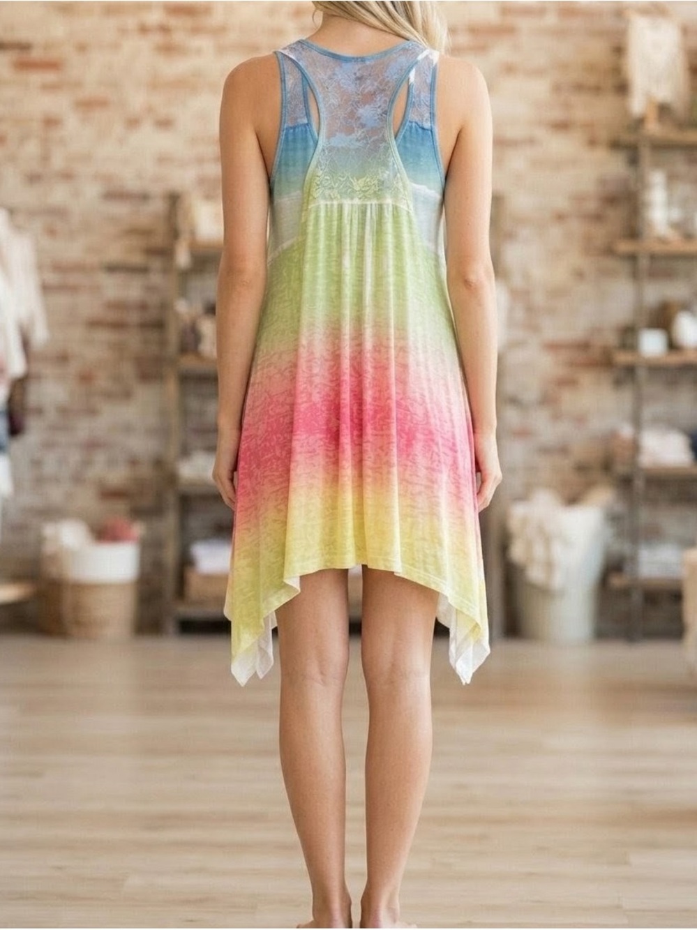 Lace Back Handkerchief Hem Midi Dress Boho Rainbow Ombre Size XL